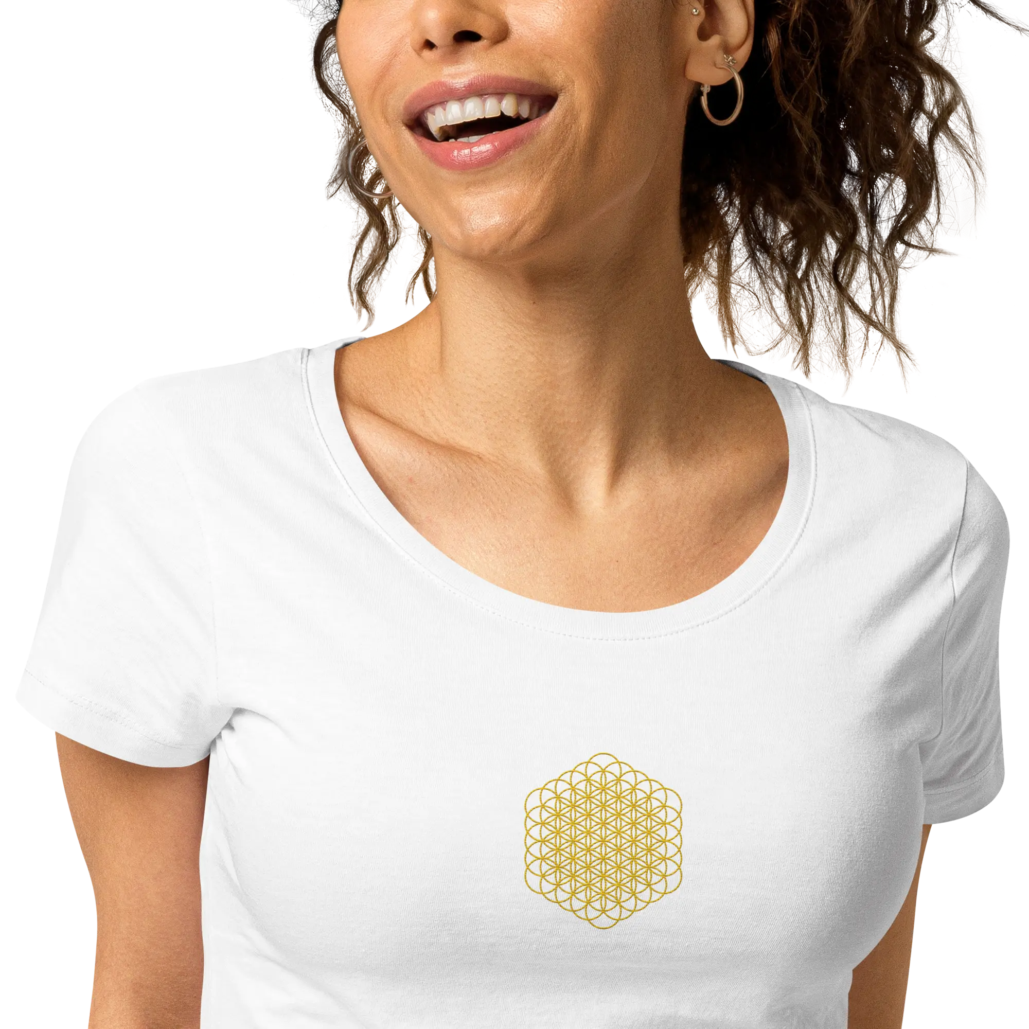 100% Organic Cotton ⋅ Gold Flower of Life Embroidery ⋅ Women's T-Shirt ⋅ White