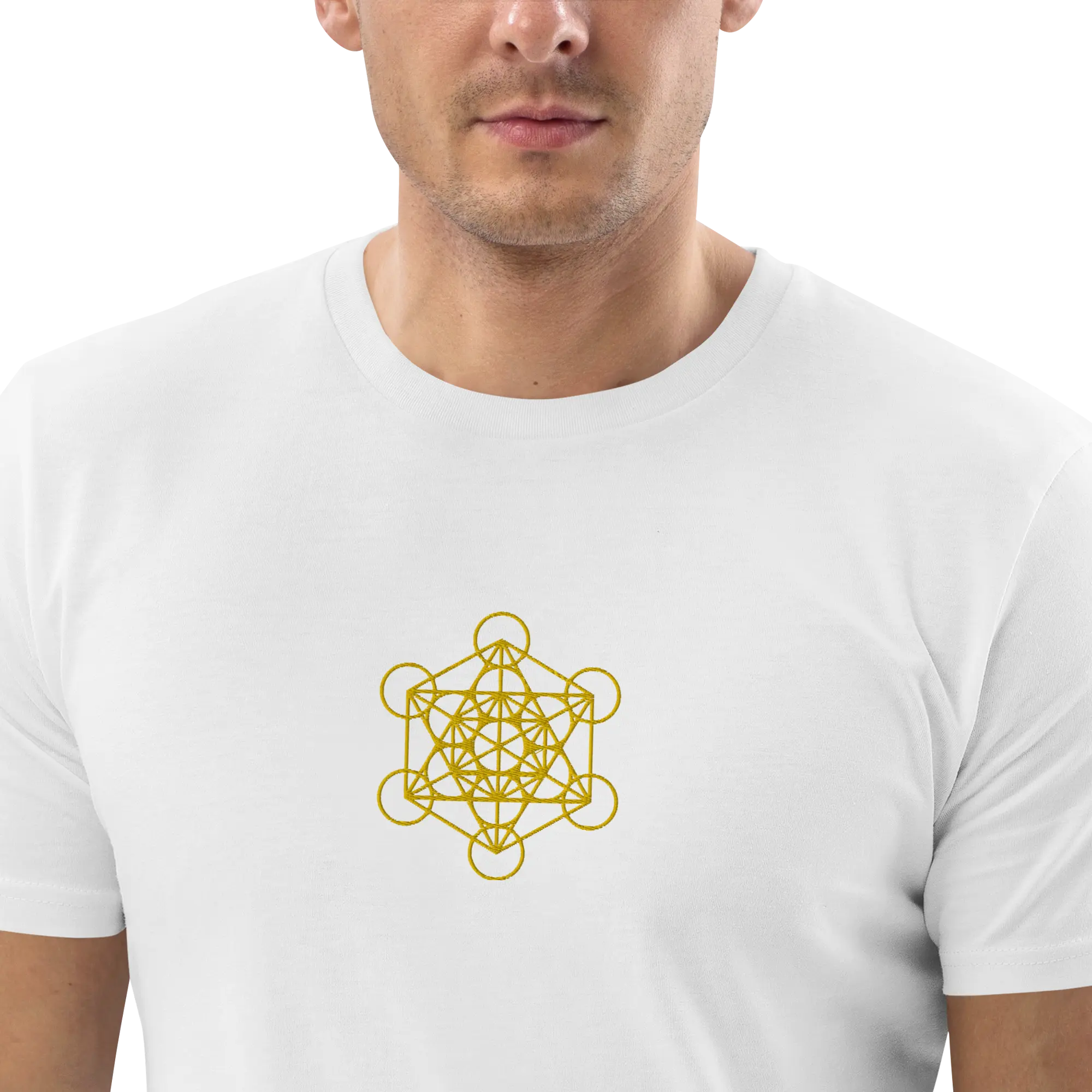 100% Organic Cotton ⋅ Gold Metatron's Cube + Fruit of Life Embroidery ⋅ Men's T-Shirt ⋅ White