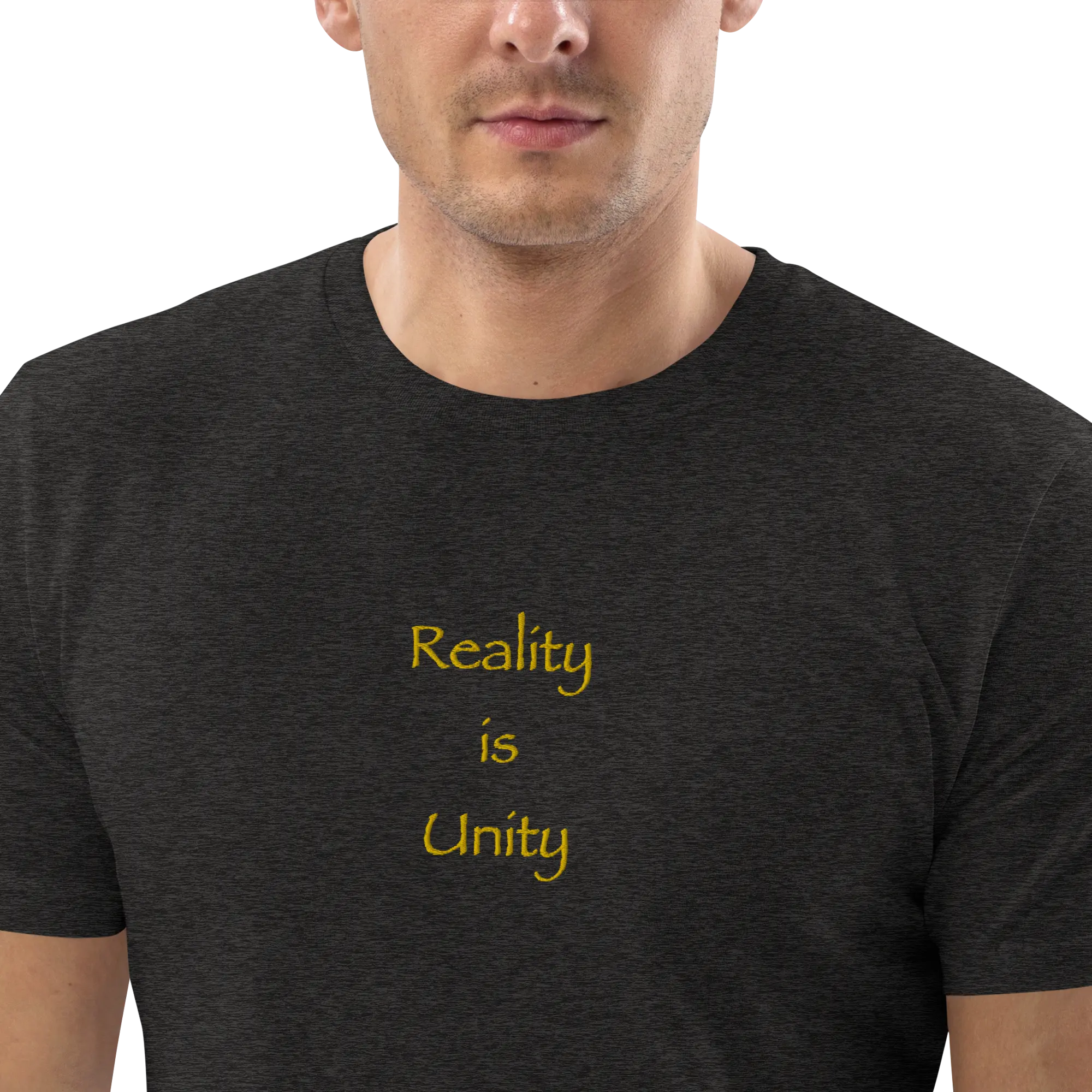 100% Organic Cotton ⋅ Gold Reality is Unity Embroidery ⋅ Men's T-Shirt ⋅ Black