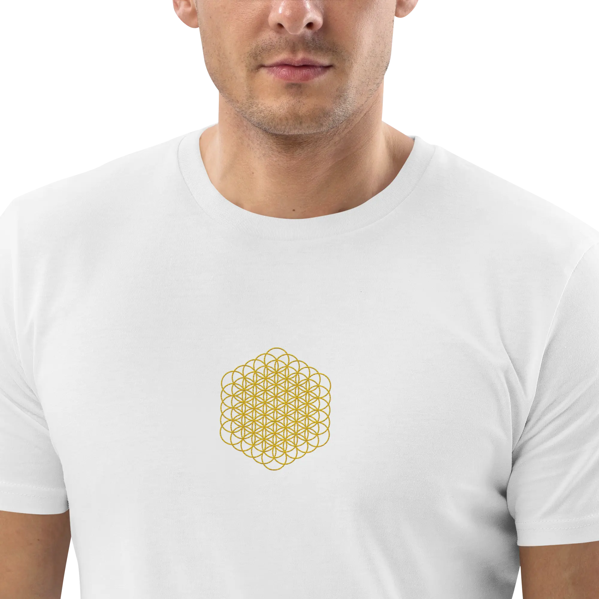 Gold Flower of Life Embroidery White T-Shirt