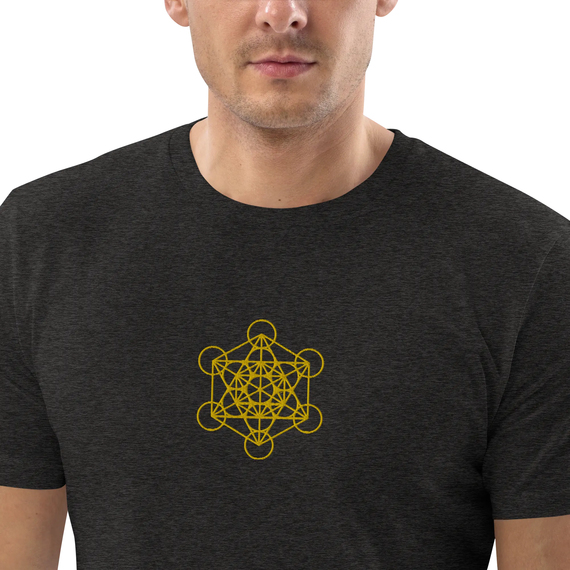 Gold Metatron's Cube Embroidery Dark Heather Grey T-Shirt