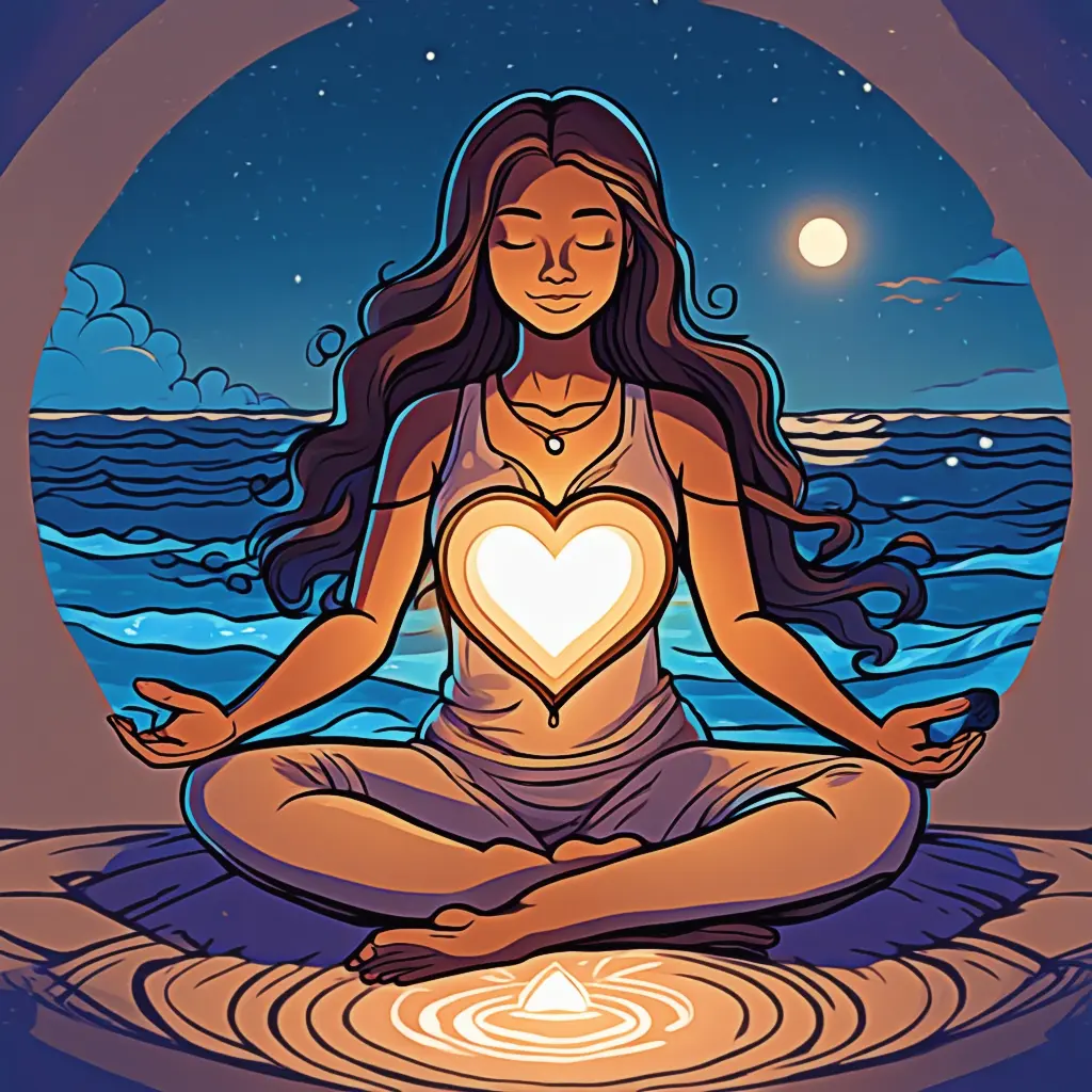 Lady meditating by ocean and mountain with heart glowing
